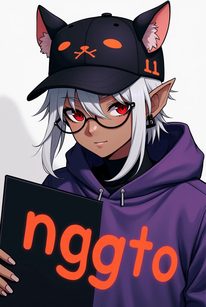 young man, Black skin tone, dark red eyes, elf ear small size, black earring in the shape of a cross but with two ears, wears prescription glasses, White hair, hair tied with ponytail, 2 strands of hair in the front, wears a black cap with a cat face, wears a closed hood with two different colors, black on one side and purple on the other, com um nome laranja Written: NGGTO. Holding a sign with a side cut that divides the colors black and purple, Written: NGGTO Classic