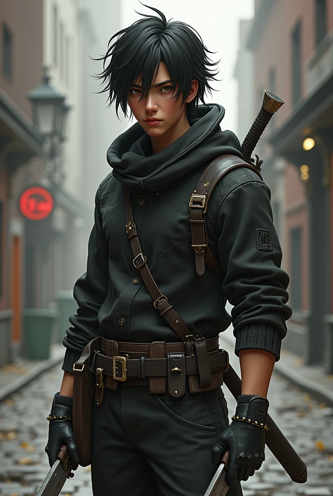 A short rogue with a young man's face, medium to long hair, who uses two daggers, has a sarcastic smile on his face,
