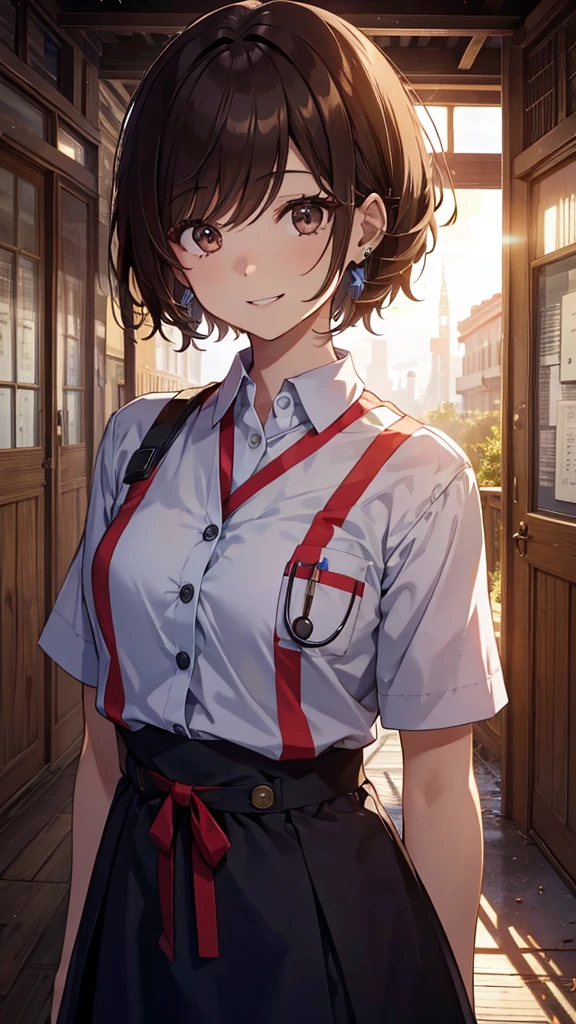 Shortcuts, One girl, One girl, High resolution, masterpiece, Anatomically correct, accurate, Winner of numerous awards, 最高quality, detail, Damaged, High-resolution model, 高いdetail, quality, 高quality, Very detailed, Retina, Textured skin, Ultra high definition, Brown Hair, chest, Earrings, Smiling with teeth showing, nurse