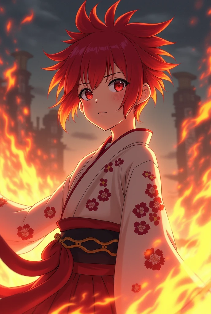 Red spiky hair, gentle face, kimono, female, Anime Protagonist, anime, shogun, hopeful, naive, fire, pure of heart, Tomboy, serious, battle pose, slender, attractive, goofy.