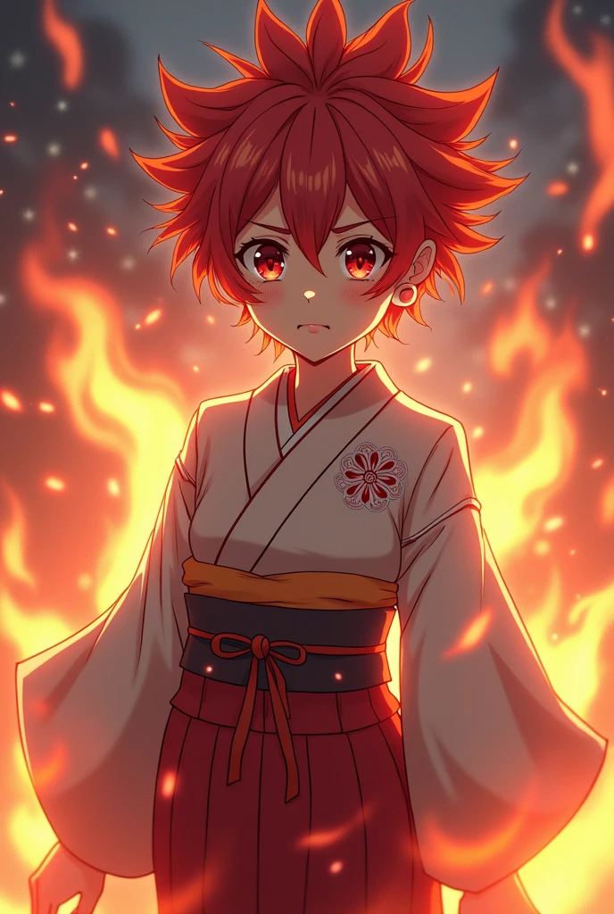 Red spiky hair, gentle face, kimono, female, Anime Protagonist, anime, shogun, hopeful, naive, fire, pure of heart, Tomboy, serious, battle pose, slender, attractive, goofy.