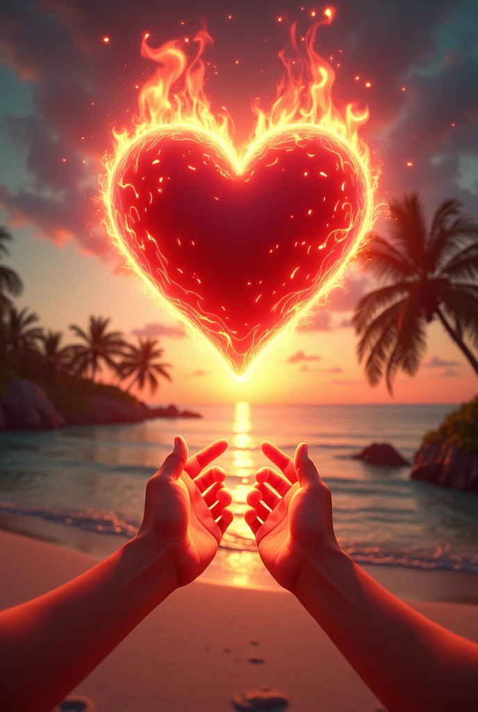 Create an image with a heart coming out of flames of fire with rays of red light rays. With a sea in the background containing coconut trees on an island with footprints in the sand and two hands touching, create this image realistically but with the heart in 3D format