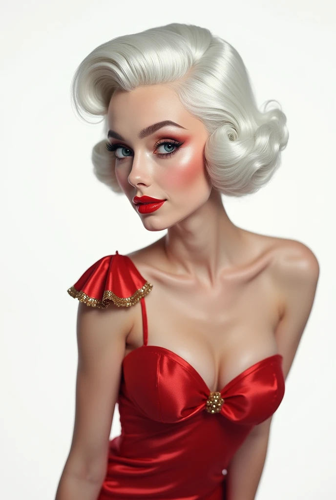 a white-haired woman,She will have the same hairstyle and clothes as Betty Boop and makeup too,I want her to pose,I want the white background