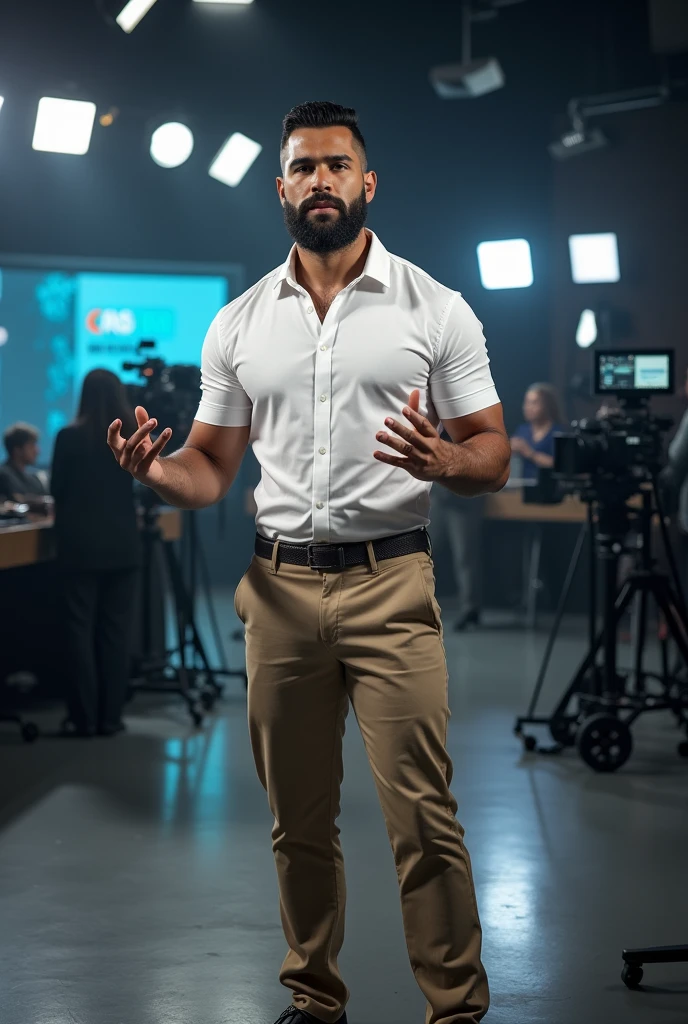 There is a muscular, bearded, mixed-race Brazilian man in a white dress shirt, Khaki Pants, Bulge, volume protuberante, black shoe, looking at a cameraman, gesturing, in a TV news, in a large journalism studio of a TV channel.