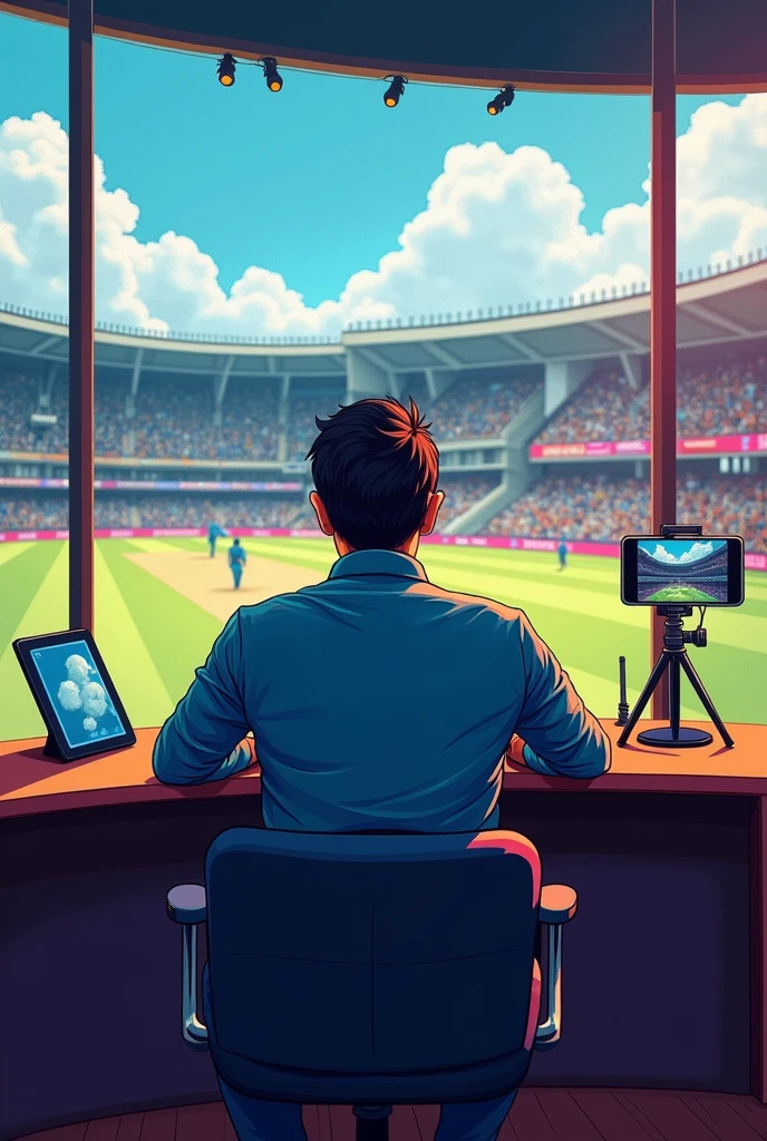 A cricket poster in which name written MANSHOOR PANDAV. Sitting in commentry box camera in his hands
For livestreming of matches with phone and tripod with peoples