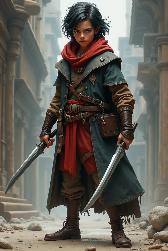 12:53:55 A short rogue with a young man's face, medium to long hair, who uses two daggers, has a sarcastic smile on his face,
