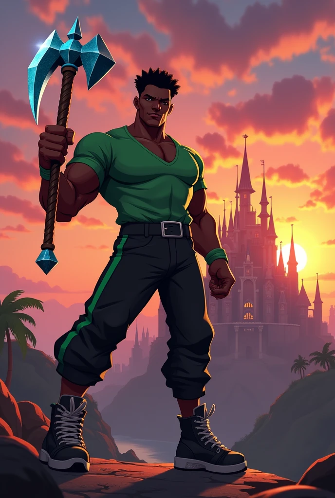 Person with dark skin, green shirt, Black pants with green stripes holding a diamond pickaxe with sparkle castle background with sunset all realistic