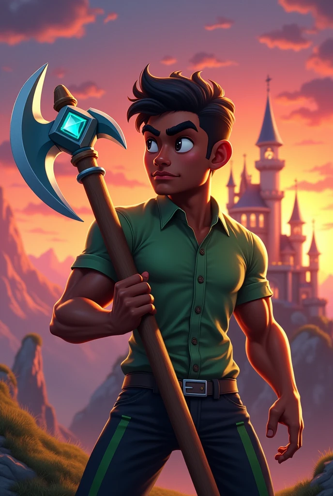 Person with dark skin, green shirt, Black pants with green stripes holding a diamond pickaxe with sparkle castle background with sunset all realistic