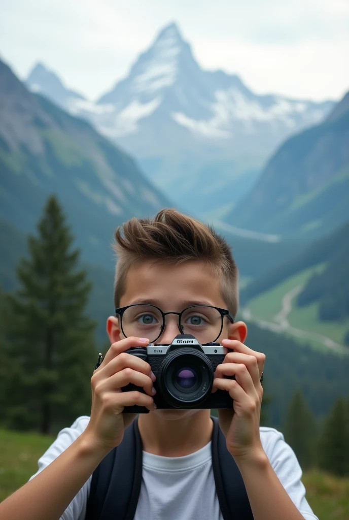 a  age boy without beard carry a camera in mountain with glasses in close range 

