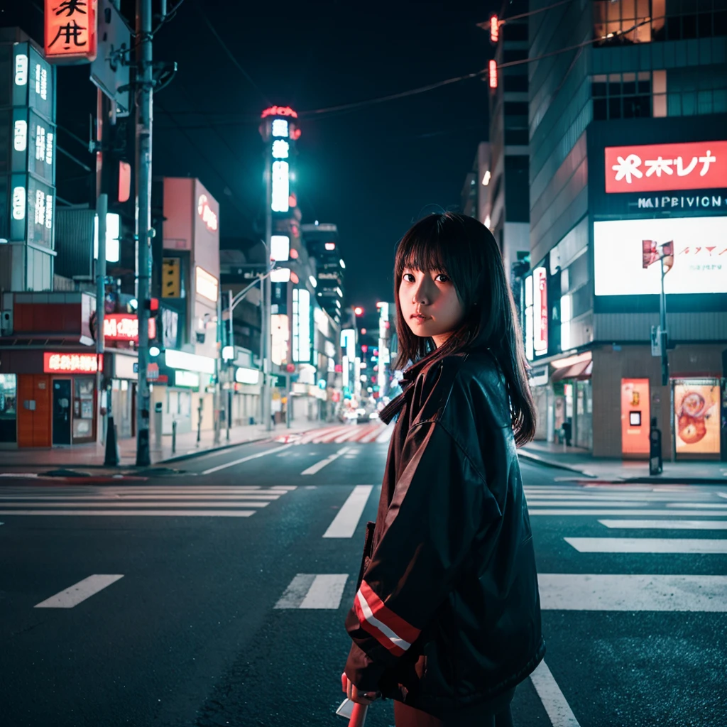 A sad japanese woman standing at a deserted intersection in the middle of the night