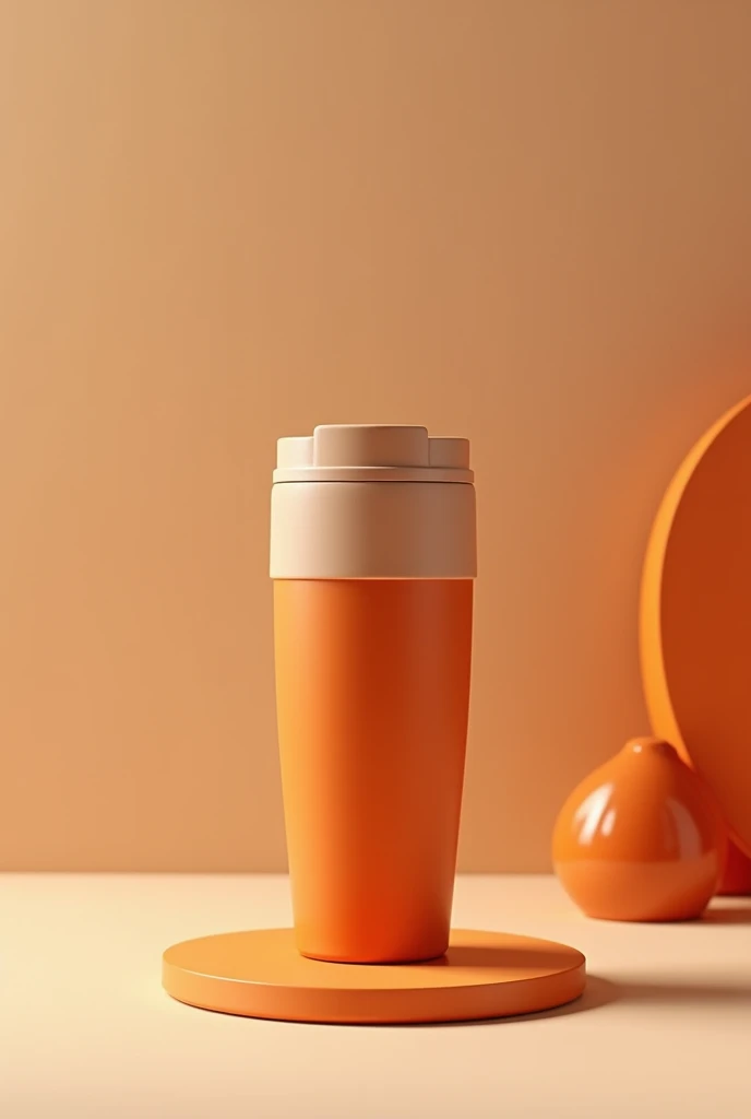Thermal coffee cup with lid. The top and bottom can be light brown.. The body of the glass in orange color