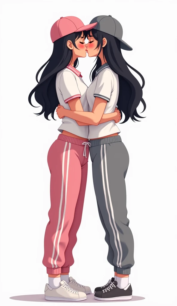 Two girls long black hairs, yuri, lesbian
The first girl wear a white polo shirt pink shirt collar pink sleeves, pink cap, black underpants, pink adidas sweatpants with three white stripes.
The second girl wore a white polo shirt grey shirt collar grey sleeves, grey cap, black underpants, grey adidas sweatpants with three white stripes.
They are wear the white socks and white adidas sneakers. The hem of their shirt was tucked into their pants.
french kiss, lesbian kiss, hugging, sensual body, closed eyes, white background, novel cartoon, 4K, HD