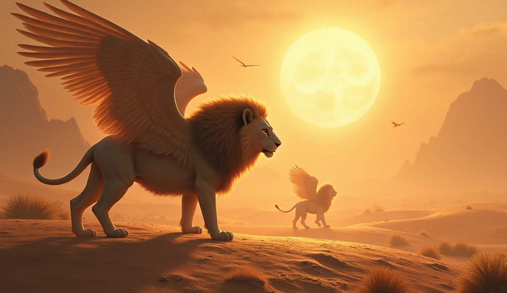 a fantastical landscape with winged lions living in a shimmering desert, highly detailed intricate fantasy creatures, detailed fantasy animals, 1 winged lion, shimmering sand, glowing desert, dramatic lighting, cinematic composition, epic scale, muted color palette, (best quality,4k,8k,highres,masterpiece:1.2),ultra-detailed,(realistic,photorealistic,photo-realistic:1.37),concept art, digital painting, 3d render