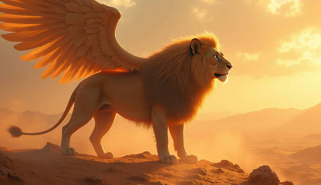 a fantastical landscape with winged lions living in a shimmering desert, highly detailed intricate fantasy creatures, detailed fantasy animals, 1 winged lion, shimmering sand, glowing desert, dramatic lighting, cinematic composition, epic scale, muted color palette, (best quality,4k,8k,highres,masterpiece:1.2),ultra-detailed,(realistic,photorealistic,photo-realistic:1.37),concept art, digital painting, 3d render