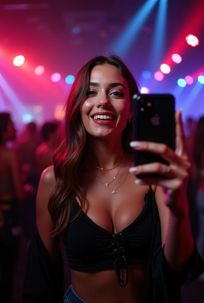 Woman taking selfie with mobile phone in nightclub,Authentic style,Photo taken with an Apple phone
