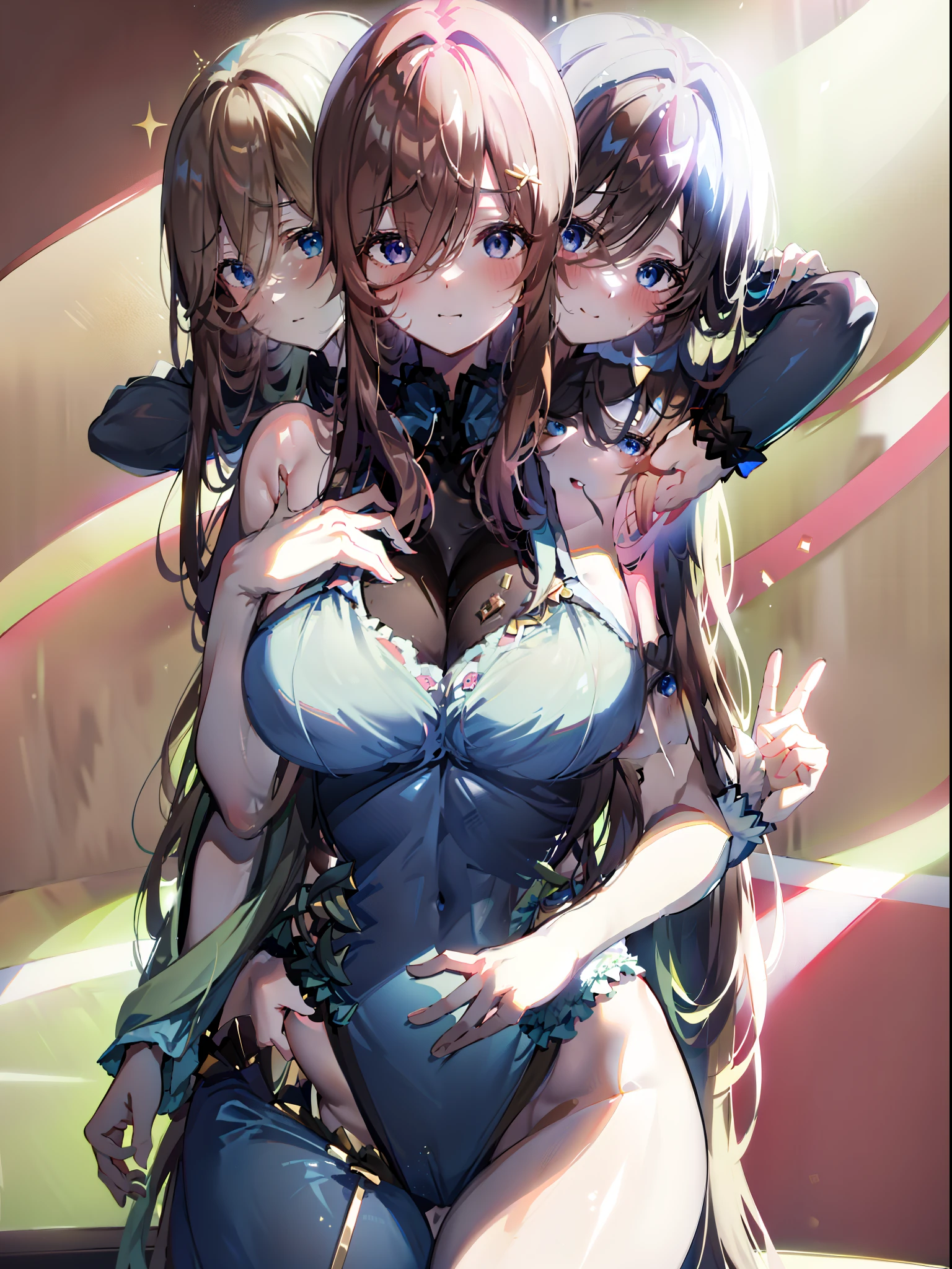 (Masterpiece, best quality), best resolution, (3 heads:1.5), 1 girl, Nakano Miku character, Bored, Headache, Hangover, In the pain, feel dizzy, brown hair, blue eyes, Close one eye, open mouth, Light blue T-shirt, Tan pants, Place your hand on your forehead, apartment kitchen,DSLR Photos, (8ก, 4K, Masterpiece),(Masterpiece, best quality), best resolution, (3 heads:1.5),Arms separated,arm circle, (Put your hands on your head...), (lower hand on ankle), (lower hand on leg), Full content in the frame, full body view, (four arms),(Multi-arm),(many hands), รูปร่างเพรียวบาง Masterpiece,best quality,best resolution,1 woman,many heads, upper body, smile, Facing the audience,big breasts,simple background,Beautiful face,Beautiful hair,beautiful eyes,beautiful body,Beautiful hands,conjoined twins