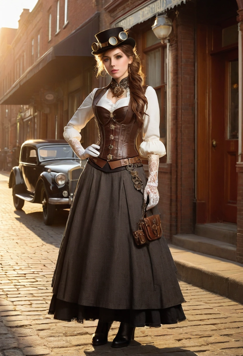 "prompt": "A realistic, well-defined photograph of a 1 female model dressed in steampunk fashion, standing full-body in an old-fashioned street scene. She wears a tailored, Victorian-inspired outfit, complete with a corset, a long, layered skirt with intricate gears and metallic accents, and a top hat adorned with goggles. Her accessories include lace gloves, a leather belt with pouches, and high boots with buckles. The street around her is lined with vintage cars from the early 20th century, with cobblestone pavement and brick buildings. The warm, golden light of the late afternoon bathes the scene, casting long shadows and adding a nostalgic, timeless atmosphere. The model stands confidently, looking slightly off to the side, with the setting sun highlighting the details of her outfit and the vintage cars behind her.",
"size": "1024x1792"