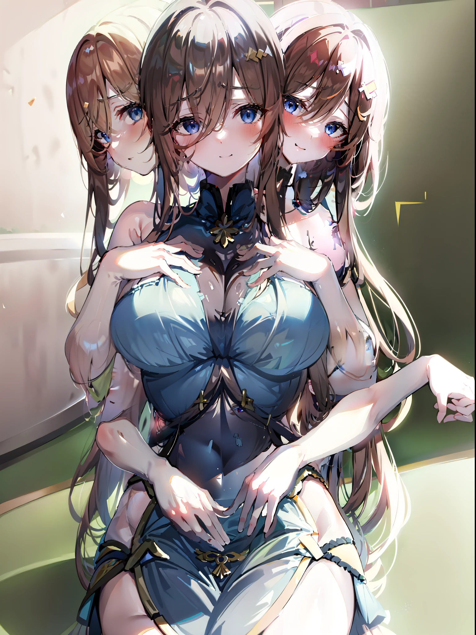 (Masterpiece, best quality), best resolution, (3 heads:1.5), 1 girl, Nakano Miku character, Bored, Headache, Hangover, In the pain, feel dizzy, brown hair, blue eyes, Close one eye, open mouth, Light blue T-shirt, Tan pants, Place your hand on your forehead, apartment kitchen,DSLR Photos, (8ก, 4K, Masterpiece),(Masterpiece, best quality), best resolution, (3 heads:1.5),Arms separated,arm circle, (Put your hands on your head...), (lower hand on ankle), (lower hand on leg), Full content in the frame, full body view, (four arms),(Multi-arm),(many hands), รูปร่างเพรียวบาง Masterpiece,best quality,best resolution,1 woman,many heads, upper body, smile, Facing the audience,big breasts,simple background,Beautiful face,Beautiful hair,beautiful eyes,beautiful body,Beautiful hands,conjoined twins