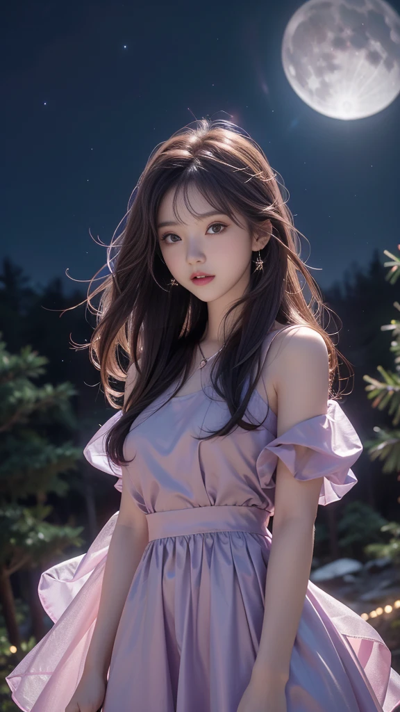 ulzzang-6500-v1.1, (RAW photo: 1.2), (Real photo), (Real photo: 1.4), 1 girl、Perfect anatomy、1、Looking at the camera、Medium length hair、purple party dress, on the pine hill at night, with stars and moon, ((on the pine hill at night: 1.1))、(Business service)、Asian eyes Ella,