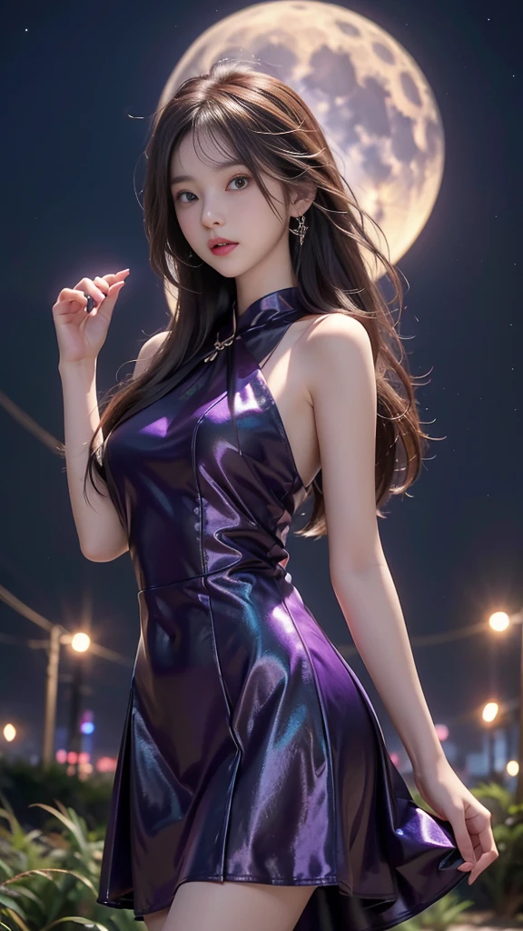 Zodiac constellations starry sky, shades of purple,Like a nebula, Wide open space, Cyberpunk city at the bottom,