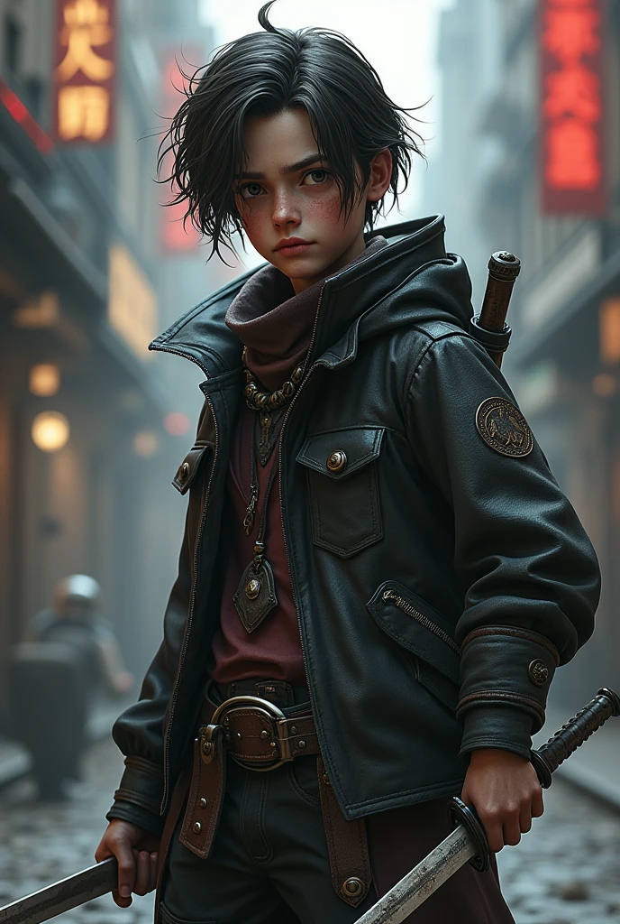 
A short rogue with a young man&#39;s face, medium to long hair, who uses two daggers, has a sarcastic smile on his face,
