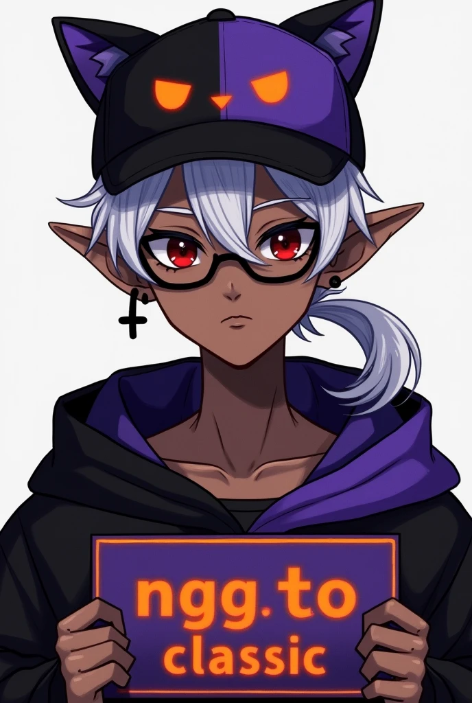 young man, Black skin tone, dark red eyes, elf ear small size, black earring in the shape of a cross but with two ears, wears prescription glasses, White hair, hair tied with ponytail, 2 strands of hair in the front, wears a black cap with a cat face, wears a closed hood with two different colors, black on one side and purple on the other, com um nome laranja Written: NGGTO. Holding a sign with a side cut that divides the colors black and purple, Written: NGGTO Classic