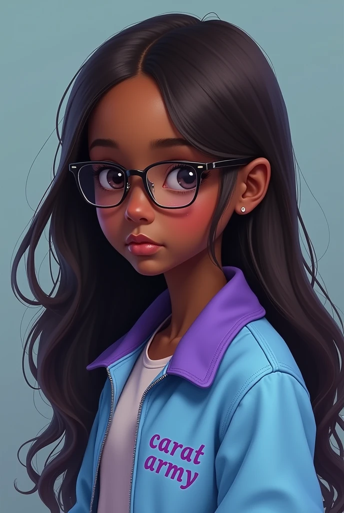 Dark skinned girl with long brown hair and glasses wearing a light blue and purple jacket that says CARAT.army
