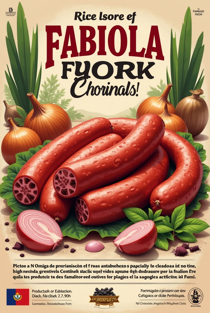 Create an advertising label with the following data for a chorizo product; that can be seen in the background of the letter related images of pigs, onions, fresh bell peppers, delicious sausages Title: Fabiola pork chorizos The originals! 
100% Selected pork meat Fresh and natural ingredients of the best quality Product made with love in Amagá Antioquia (Amagá flag or a small charcoal related to mining activity)
Put the following small titles in the lower area to fill in: Production or expedition date Best before 