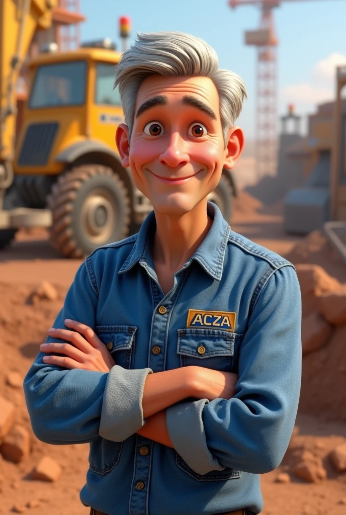 A Disney Pixar style image, of a 50 year old man, straight and gray hair, Caucasian skin. He wears a denim shirt, com um leve sorriso. is on a construction site and has his arms crossed. on the shirt it says ACZA on one of the pockets
