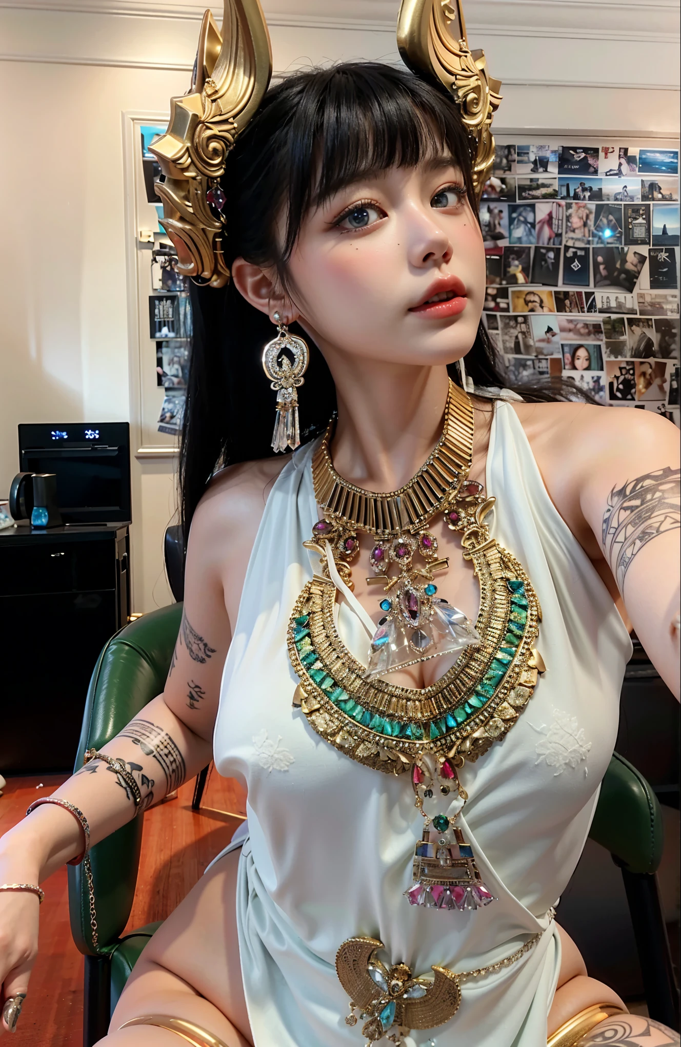 Game Art，Best image quality，Maximum resolution，8K，(A bust photo)，(portrait)，(Head close-up)，(Rule of Thirds)，Unreal Engine 5 rendering works，20 year old girl，((Queen))，The eyes are very detailed，(Large Breasts)，Elegance and nobility，Light，Light线追踪，Game CG，((3D Unreal Engine))，OC rendering reflection mode，4K，Ultra-clear，Sensual，Translucent lace，Fair and plump figure，Pretty Face，Light泽凝胶涂层，身着华贵礼服的Queen，Crystal Gem Crown，Necklace jewelry，blue eyes，The tattoo is very three-dimensional，Gorgeous and intricate tattoo designs，Ultra-clear portrait，Sexy body，Temple Princess，Swarovski crystal diamond，Heart of the Universe Gem，Delicate facial makeup，The ultimate in luxury，Tattoos and armbands on hands，Cleopatra wearing gold jewelry，Sitting，Show your thighs
