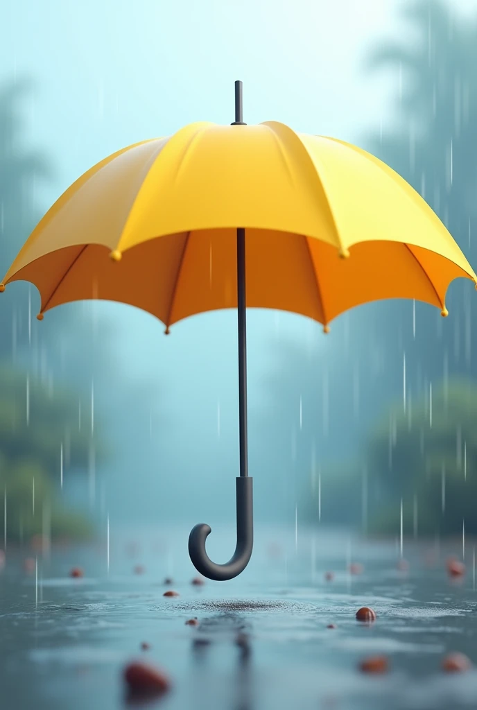 Create a 3d real image of umbrella, of yellow and dark grey colours, in air, and background of sky blue rainy season and raining.