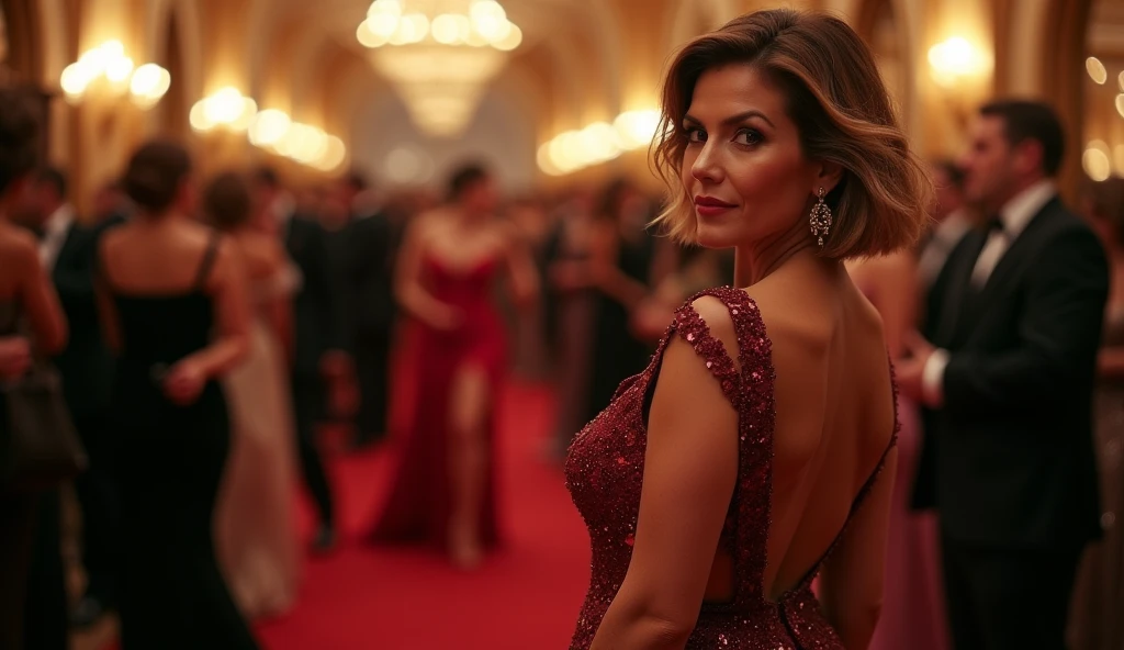 woman in a very short, low-cut dress, thighs showing, is at a gala ball, the photo highlights her butt, the woman is with her back slightly turned to the side looking at the camera, attractive woman in her 60s, short skirt, curvy, hot, voluminous body, cleavage, large breasts, approximately 60 years old, woman who looks 50 years old, image from behind, looking at the camera, posing, stunning, natural mature woman, average size, full-body photo, detailing her voluminous body curves.