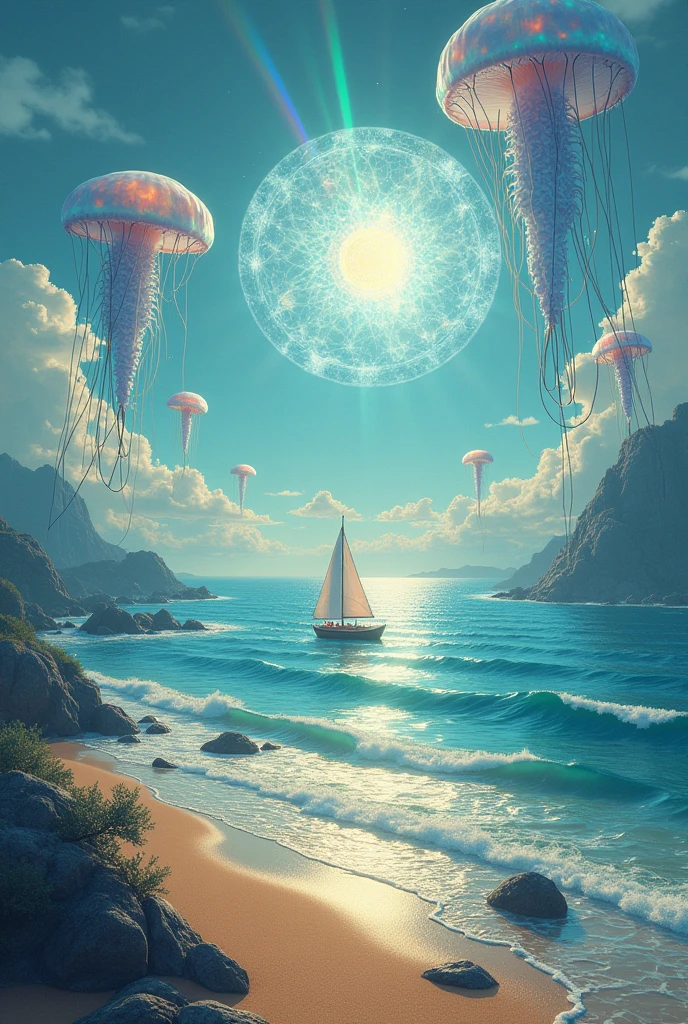 An endless ocean where the waves are made of glass, crashing silently onto a shore of shimmering, golden sand. The horizon is filled with colossal, floating jellyfish, their tentacles trailing down to touch the surface of the glassy water. The sun is an enormous, fractured crystal, casting rainbow-colored beams of light across the scene. A small boat floats on the water, but instead of a sail, it has wings that flap slowly, keeping it aloft. The overall feeling is one of awe and wonder, with a strong emphasis on the beauty and fragility of the surreal environment.