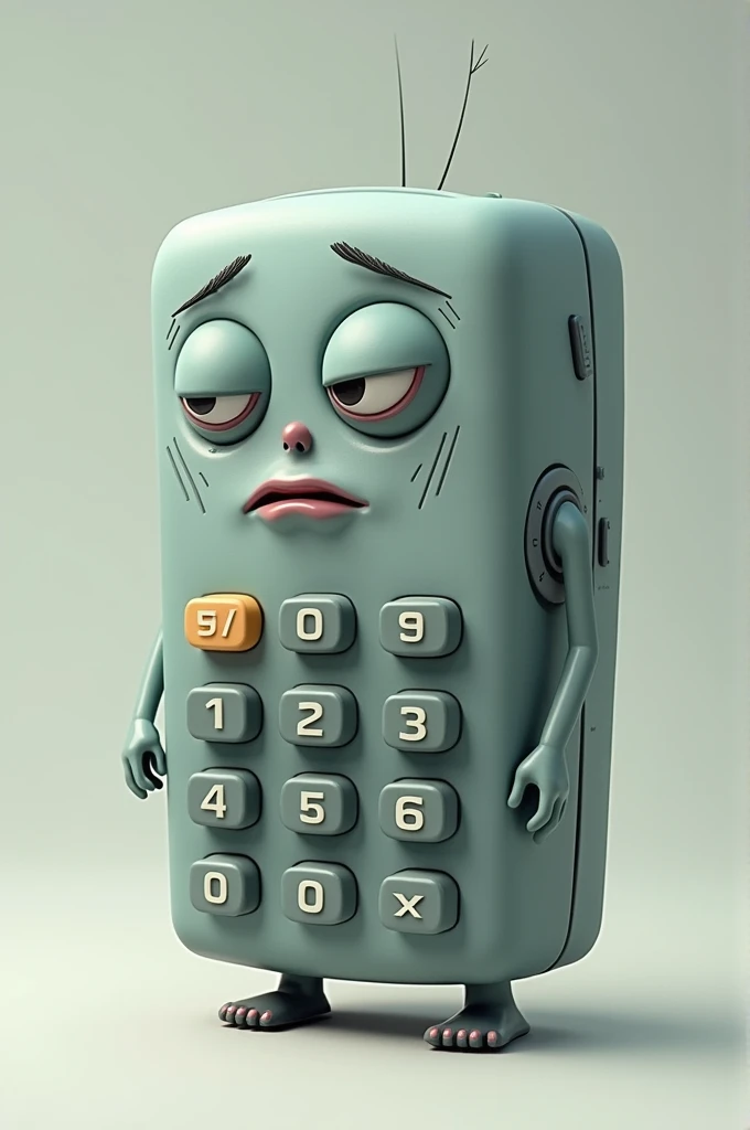 A calculator with a face with the face of exhaustion