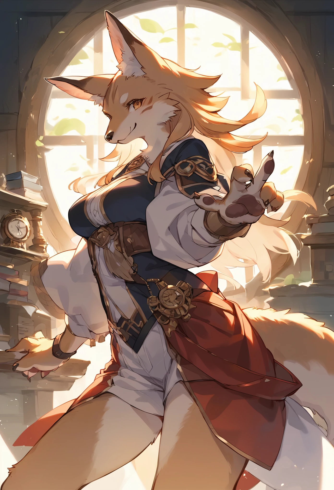 rating_safe, score_9, score_8_up, score_7_up, score_6_up, score_5_up, score_4_up, hires, source_furry, cover page, highres(1girl, kemono, furry anthro, fearless smile, reach for the clock) in room with clock, fantasy artwork, cinematic lighting, Backlight,
