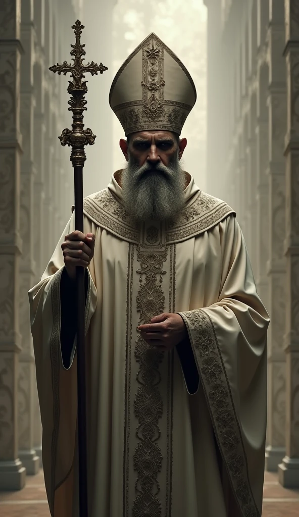 bald bishop, bearded, offwhite, with miter on his head. silhuette. eyeshadows, dark. staff in hand.