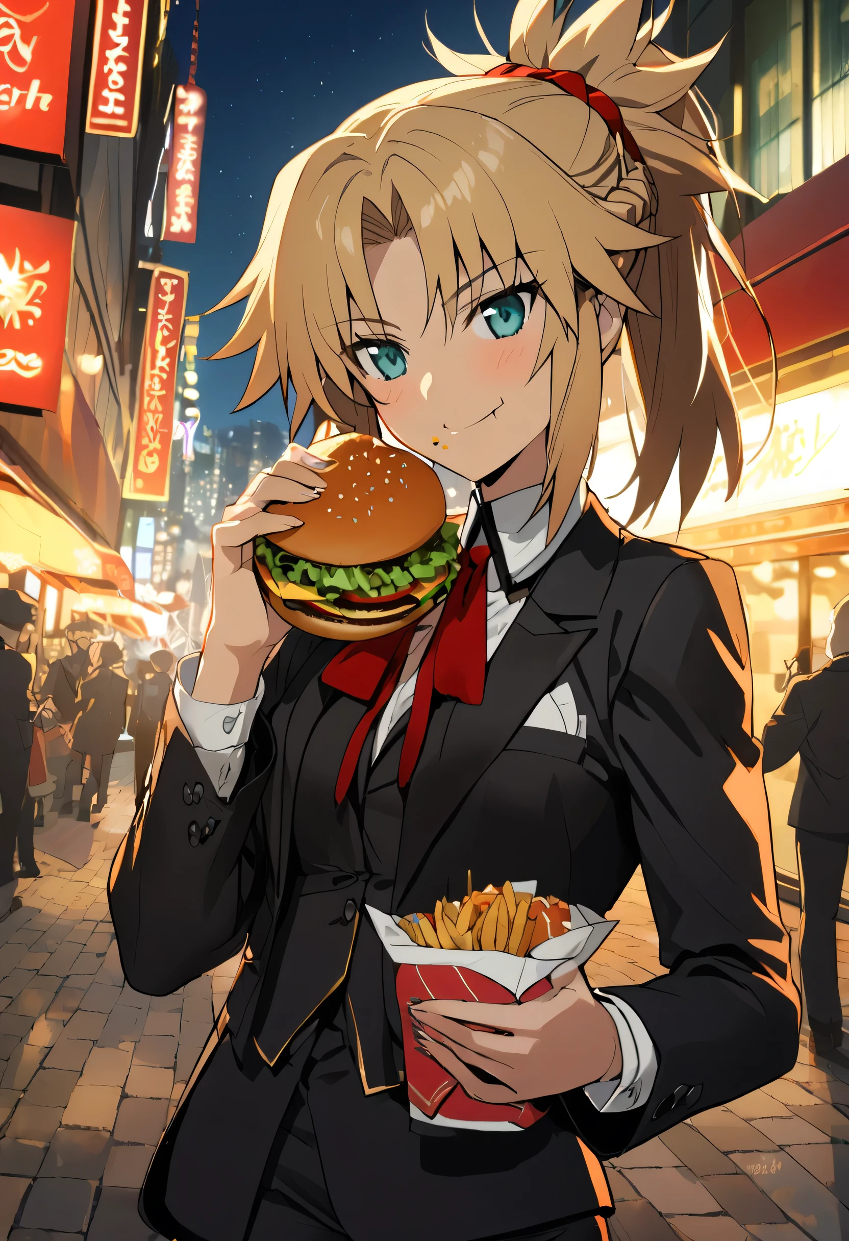 1girl,solo, Mordred, fate grant order, fate stay night, black suit, classic costume, smile, night city, smile, eating burger