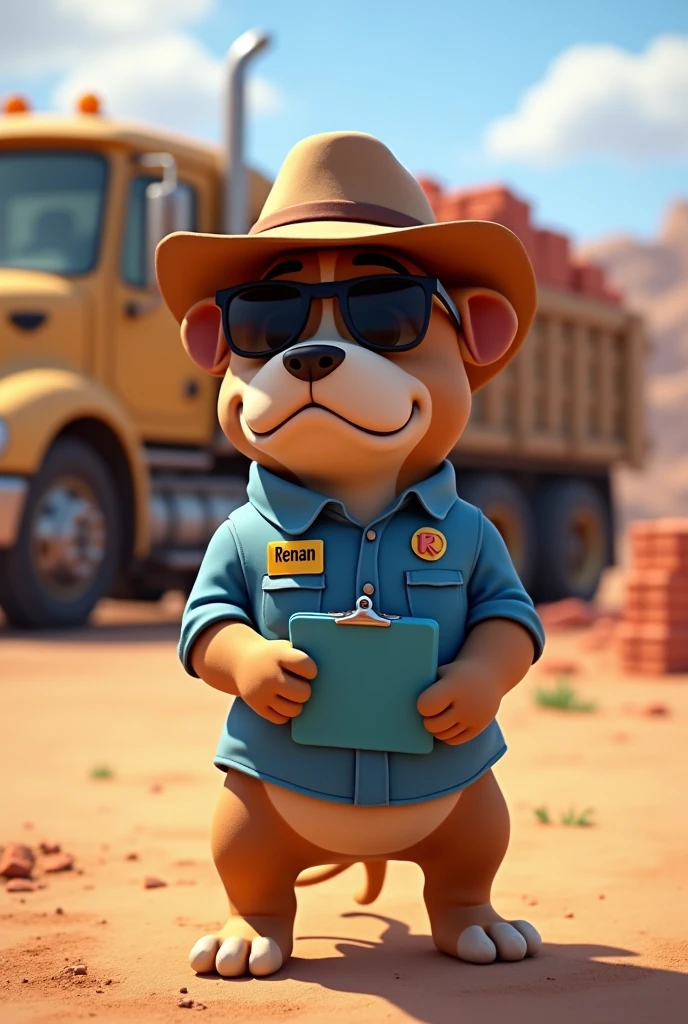Light brown pitbull dog, Light brown eyes, Black sunglasses, brown cowboy hat, shirt blue, badge with name Renan, using blue clipboard and blue pen. Truck with bricks in the background in an open yard, 4K, Disney style.