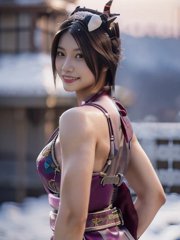 20 year old Japanese beauty，One woman、Muscular body like a bodybuilder、Emphasize the breasts、He wears a headband on his head、Slit eyes、A head-to-toe view，Bust is very very large、The background is a snowy country、High quality photos、Clear, crisp images of the lower body、Masterpiece 8k、Smiling、Is doing a high kick、From the front, from the side, from the back, etc.々from what camera angle to shoot、Orange Ninja Costume、The clothes are embroidered with dragons.