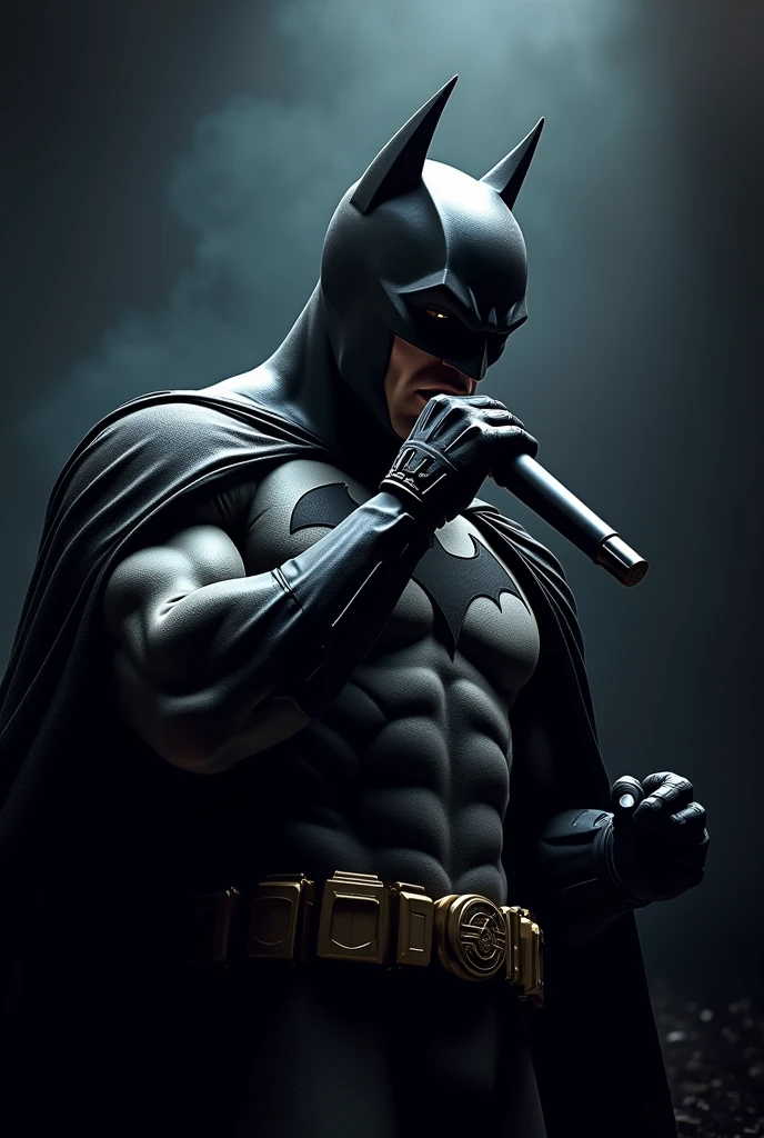 Escribe un logotipo que tenga la cara de batman con un microfono En eso. the color can be monochrome or something dark color but has light color too as long as it will emphasize the power of batman rapping with a microphone in his hand pointing to his mouth