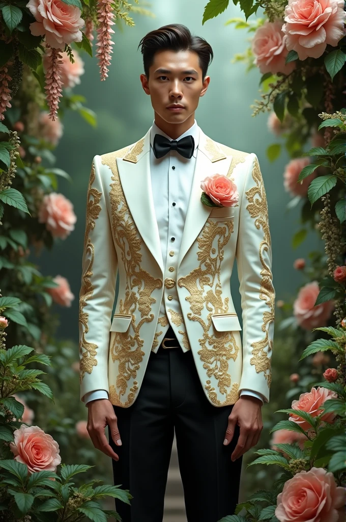 Illusion. Man wearing white and gold tuxedo with pink rose in pocket and a black pants with garden background