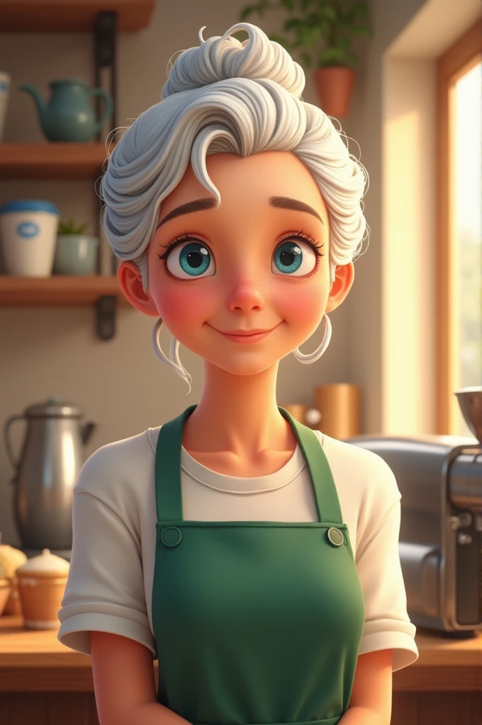 beautiful grandma, white hair in a bun, barista, green apron, caucasian, blue eyes, animated, 2D, bake