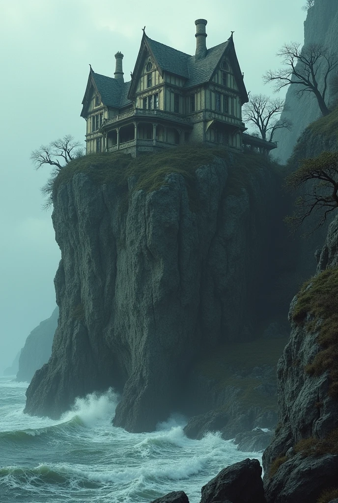Abandoned mansion on top of a rocky cliff 