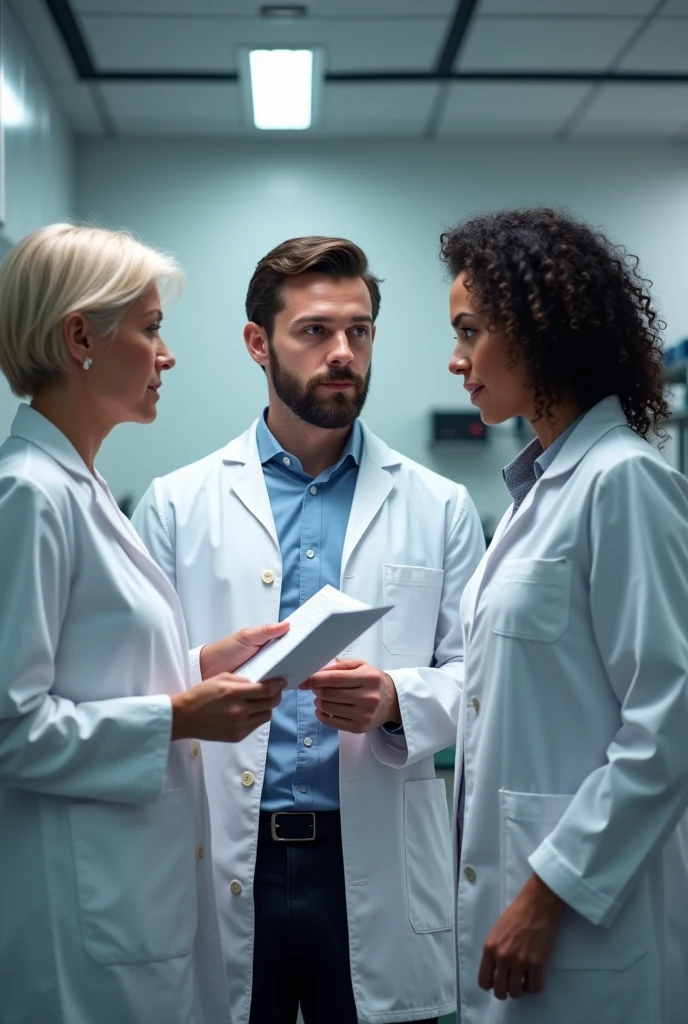 Three people are in the lab standing, all are wearing lab coats. One of them is early 60s woman, blonde short size hair and she is the auditor, holding some documents. One auditee is at early white 30s man handsome with dark hair, beard and blue eyes, other auditte is middle early 40s white woman with mid sized dark curly hair, hair not binded. All three's faces are visible and look real people from pictures. They are in a company called Novonesis. They are talking to each other not looking at the camera