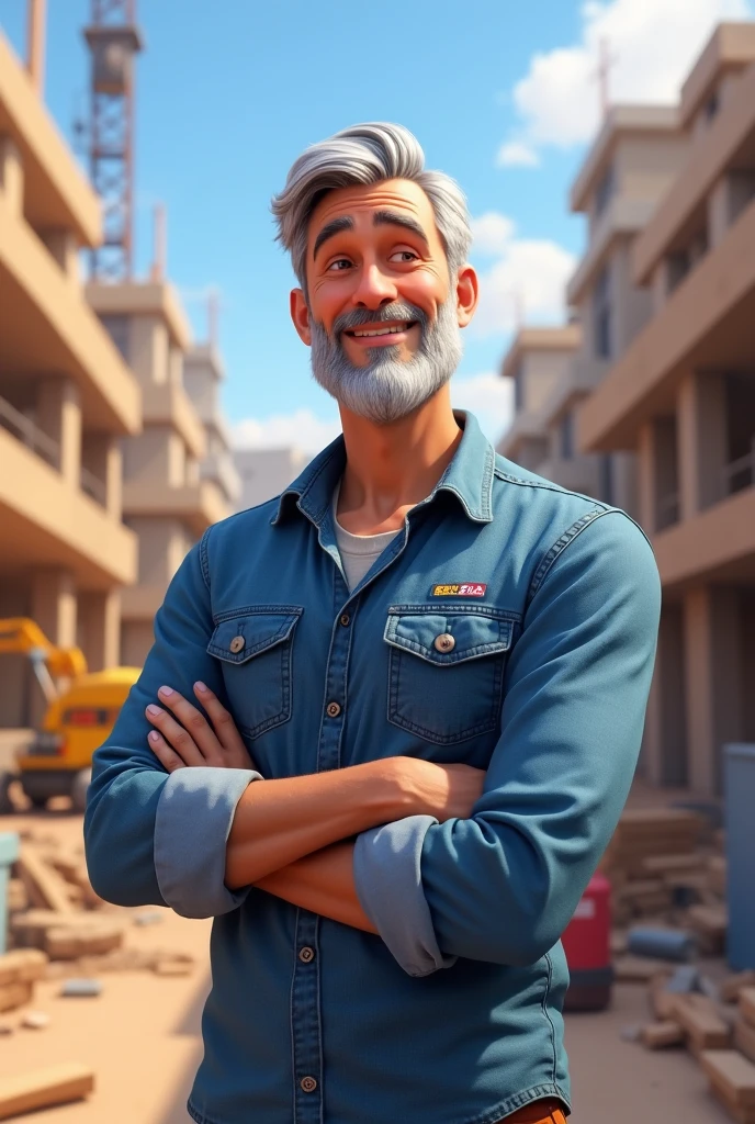 A Disney Pixar style image, of a 50 year old man, straight and gray hair, white skin and beard. He wears a denim shirt, com um leve sorriso. is on a construction site and has his arms crossed. on the shirt it says ACZA on one of the pockets
