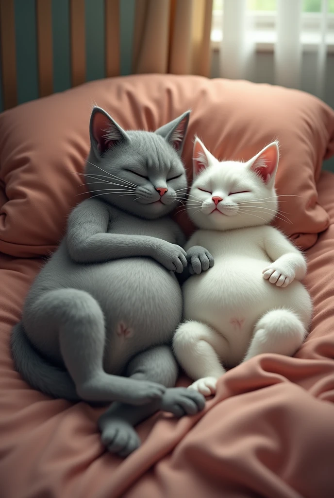 Adult Gray cat he is on the street he is like a human hands like a human. Gray cat woke up with his wife she is white and pregnant ,in the bed in the house the wife is pregnant and not him