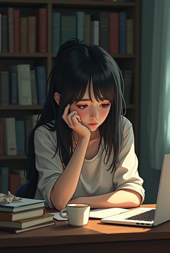 A beautiful girl is sitting at a table with books and a laptop, feeling sad