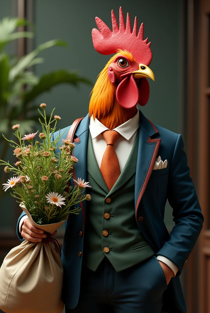 Create a rooster in a fancy suit and with a bag of hemp flowers