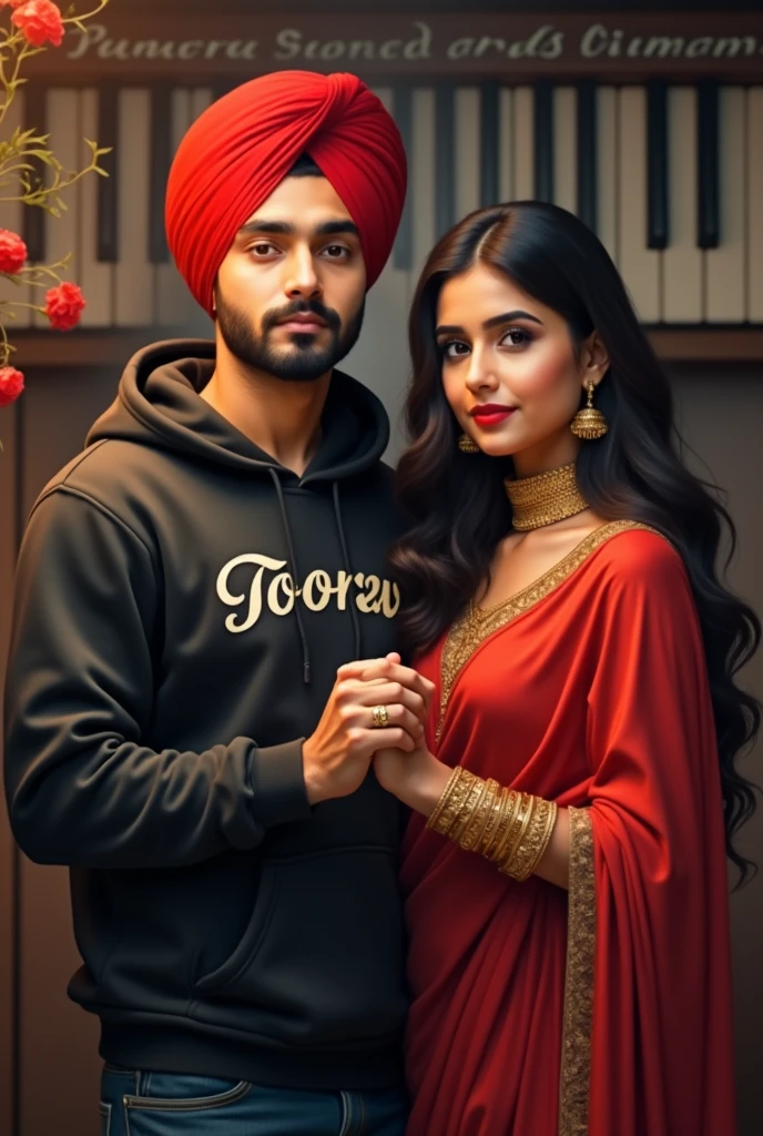 a18 years punjabi boy sir pe lal coolar ki turban pero me jute black coolar ke or hoodie pehan ke rakhi ho or hoodie pe name likha ho poorav ek pass me punjabi girl khadi ho hath pakad kr goldan tempal,backgruand kbord pe name likha ho ,poorav and or The name of two people is written in the back of the Bod.in poorav and simran, me bethe ho dono girl and boy
