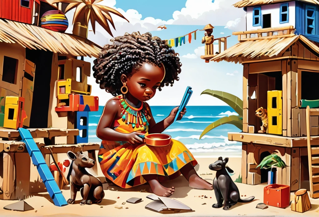 A playing with building set toys
African (masterpiece best quality:1.2) delicate illustration ultra-detailed, illustrations, bright, colourful,
